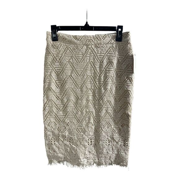 Mauve By Anthropologie Crochet Beige Cream Lace Midi Skirt Pencil Size 4 NWT - Picture 1 of 11